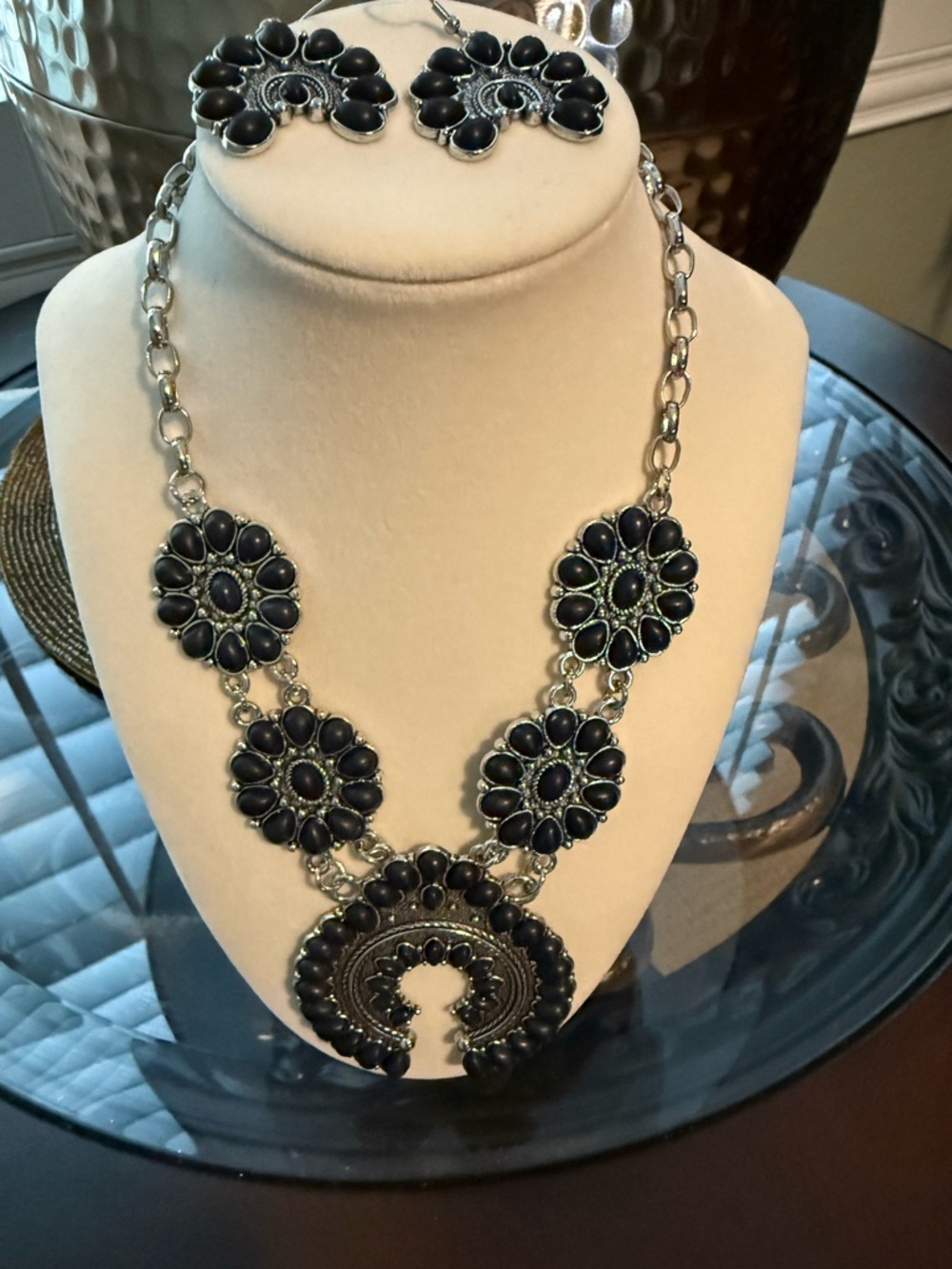 Alpaca Silver Navajo Inspired Squash Blossom necklace, and earrings (NWOT)
